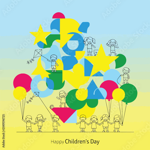 Colorful Children's Day illustration with kids and balloons