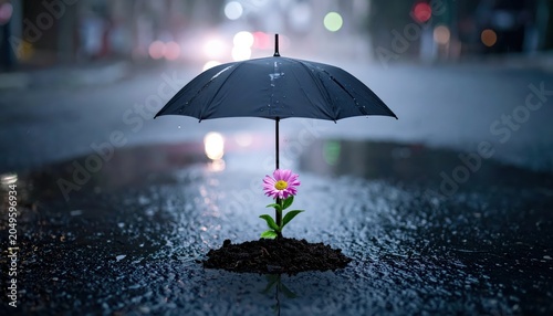 A single pink flower protected by an inverted umbrella during rainfall on a wet street symbolizing hope and resilience.