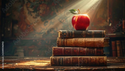 A Single Red Apple Rests Atop a Stack of Old Leather-Bound Books Illuminated by Dramatic Light Rays