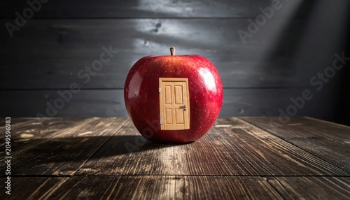 A single red apple with a small wooden door carved into its surface sits on a textured wooden table, symbolizing hidden opportunities and creative journeys.