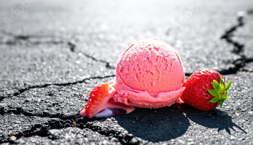 A single scoop of strawberry ice cream melting slowly on cracked asphalt under sunlight.