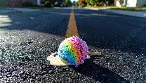 A Single Scoop of Rainbow Sherbet Ice Cream Melting Slowly on a Hot Asphalt Road During Summer.