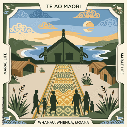 Quadro su tela Maori family walking to meeting house.