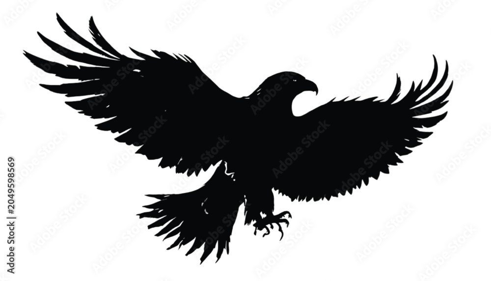 Fototapeta premium Eagle captured in mid-flight showcases expansive wings and sharp talons as it glides through the air in a stark black silhouette against a white background.