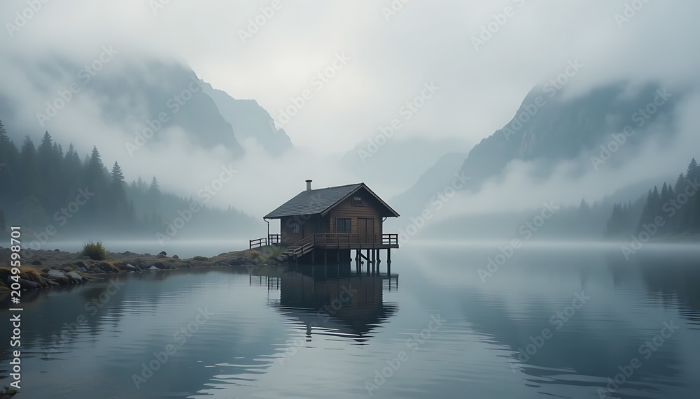 Fototapeta premium Wooden lake house on stilts, surrounded by foggy mountains and calm water wooden house