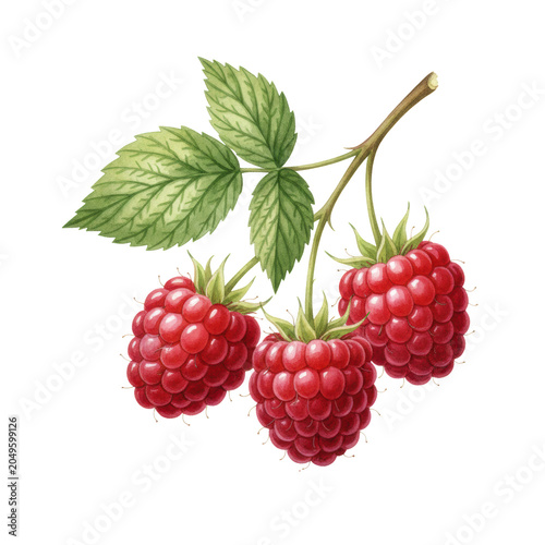 Plump ripe raspberries with glistening red drupelets on woody stems and serrated green leaves, watercolor botanical illustration on textured paper, fresh harvest