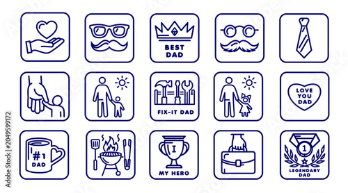 Vector set of Father's Day line icons: mustache, crown, tie, tools, grill, trophy, mug, briefcase, medal and family silhouettes. Navy blue outline style on white.