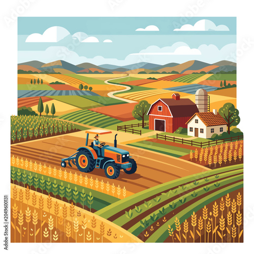 Tractor working in farm field landscape.