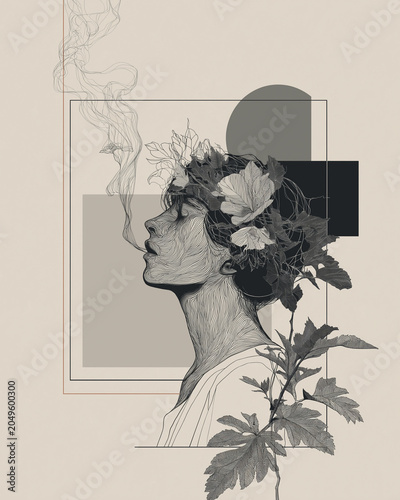 Minimalist Line Art Portrait of Woman with Flowers, Leaves, Smoke and Geometric Shapes