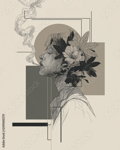 Minimalist Line Art Portrait of Woman with Flowers, Leaves, Smoke and Geometric Shapes