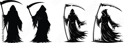 Fotografia Gothic Grim Reaper Silhouette Lineup Vector Illustration Set, Modern Horror Mascot Collection, Haunted Halloween Cloaked Wraith Graphics, vector, illustration, silhouette