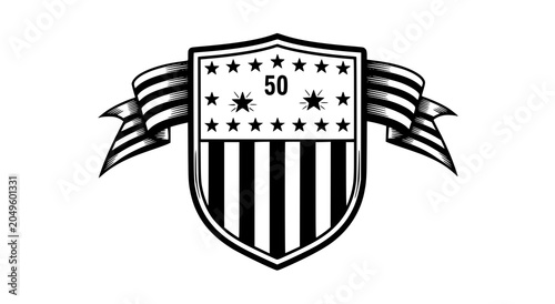 Εκτύπωση καμβά Black and white shield emblem with fifty stars and ribbon banner insignia isolat