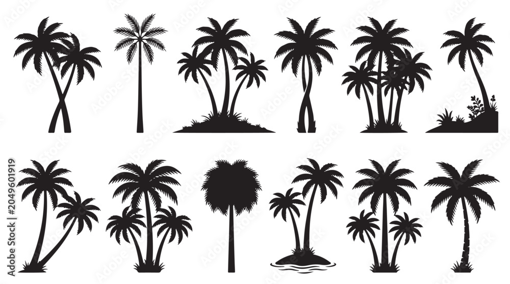 Naklejka premium Tropical palm tree silhouettes, collection of 12 black coconut tree icons, exotic island plant vector set for summer travel and beach vacation designs