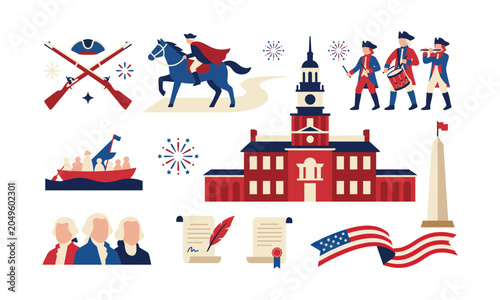 Foto American Revolutionary War historical elements set with Independence Hall, Georg