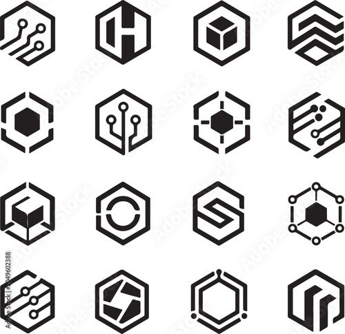 Hexagon Tech Mark Logo Vector Set Technology Innovation, Digital Systems and Modern Branding Icons
