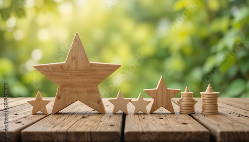 Wooden stars and coins on a rustic table, outdoors wooden coins greenery