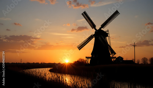 Silhouette of a traditional windmill at sunset, beside a serene waterway river