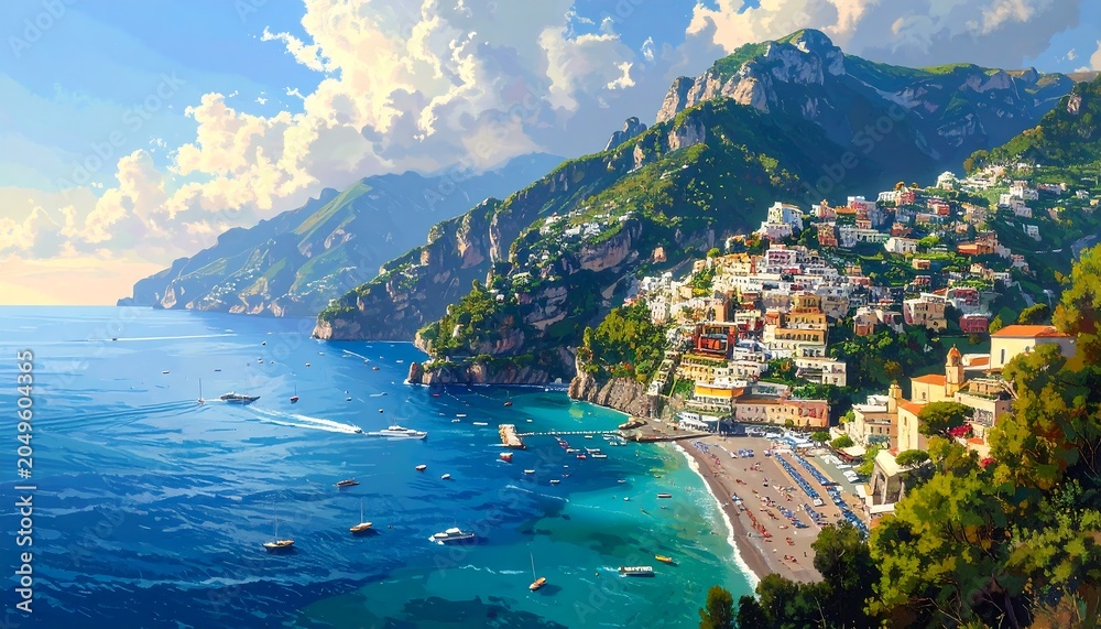 Obraz premium Coastal scene portrays a vibrant town nestled on a hillside overlooking a tranquil sea, with boats scattered across