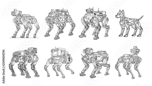 Photos 8 Robotic Quadruped Line Art Icons on Transparent Background, Futuristic Robot D