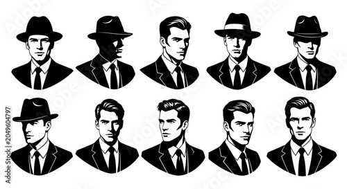 Konstfotografi Collection of Stylish Men in Classic Fedoras and Suits.