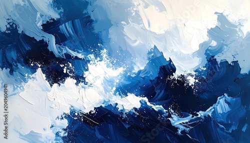 Thick impasto abstract blue-white fluid movement, textured artwork