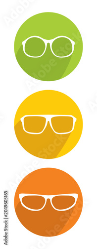 Set of Minimalist Flat Design Glasses Icons on Colorful Circles with Long Shadows - Round, Square, and Cat-Eye Eyewear Vector Illustration
