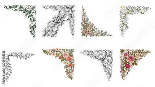 8 Botanical Corner Ornaments Vector Set on PNG Background, botanical corner, corner ornament, floral corner, decorative border, botanical frame, floral ornament, corner decoration, leaf ornament, 