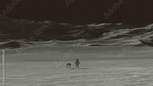 Standing Astronaut Spacesuit Robotic Dog Lunar Landscape Moon Surface Vast Cratered Plain Lunar Mountains Sci Fi Space Exploration Isolation 3d illustration