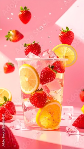 A glass of fresh fruit cocktail juice with strawberries, mint, and ice makes a refreshing, healthy summer beverage