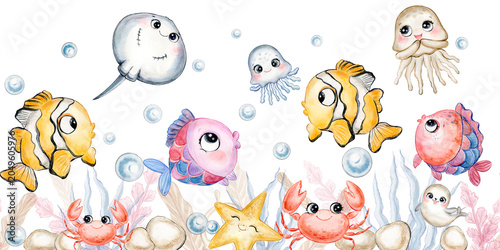 Bild auf Leinwand Watercolor seamless border with various marine animals, starfish, fur seal, stingray, jellyfish, crab, blue bubbles and colorful algae and rocks