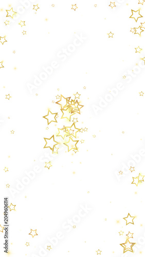 Gold sparkling star confetti. Chaotic dreamy childish overlay template. Festive stars illustration on white background.