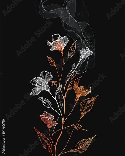 Minimalist Line Art Flowers and Leaves with Flowing Smoke on Black Background