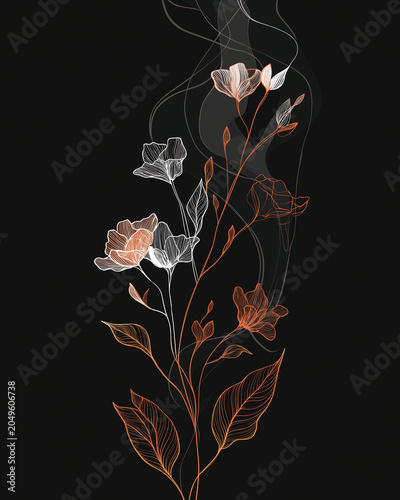 Minimalist Line Art Flowers and Leaves with Flowing Smoke on Black Background
