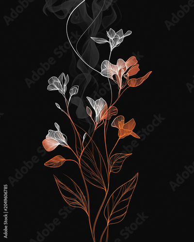 Minimalist Line Art Flowers and Leaves with Flowing Smoke on Black Background