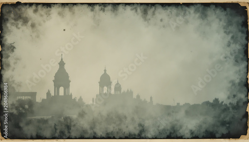 Foggy cityscape with historic buildings, towers, and domes