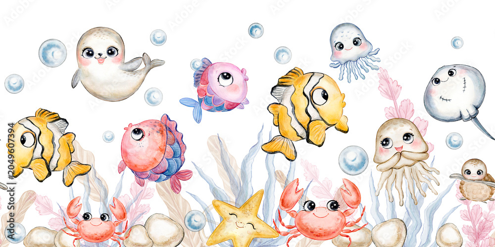 Obraz premium Watercolor seamless border with various marine animals, starfish, fur seal, stingray, jellyfish, crab, turtle, blue bubbles and colorful algae and rocks. Handmade watercolor illustration for printing,