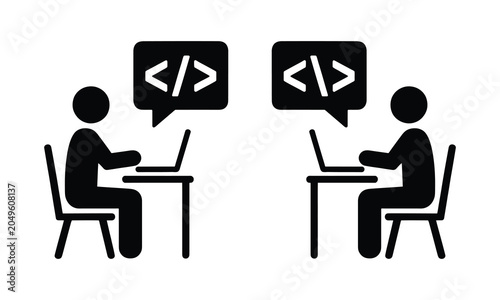 Quadro su tela Two programmers discussing code on laptops with speech bubbles