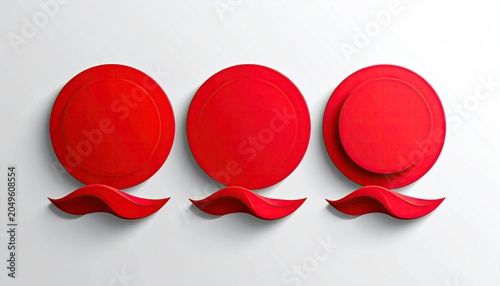 Abstract red circles and waves, one set layered, on white