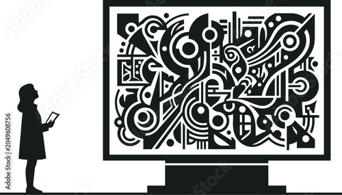 Foto This image features a black silhouette of a woman viewing an abstract geometric