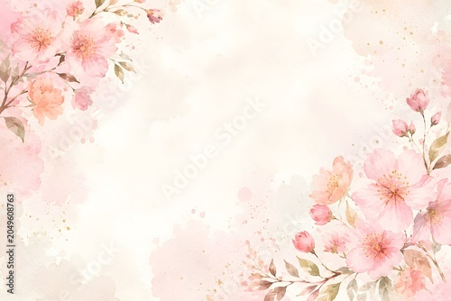 Watercolor cherry blossom floral frame background with soft pink flowers and leaves