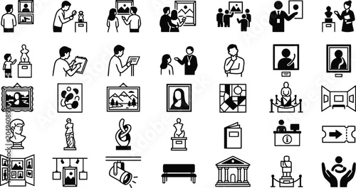 flat black silhouette icons depicting museum and gallery scenes people and objects on a white background