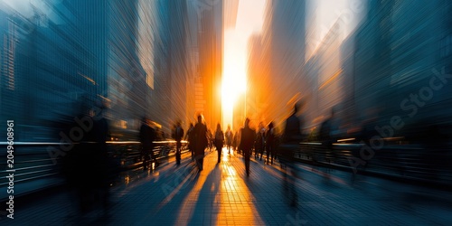 Silhouetted crowd in motion on a sunlit urban walkway, creating a sense of haste
