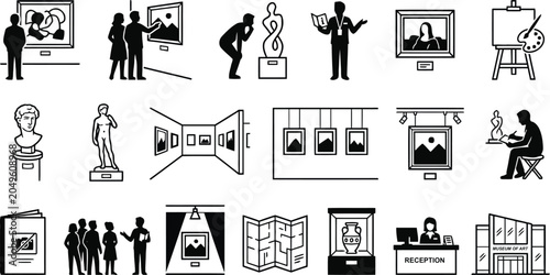 Quadro su tela black and white line icons depicting various elements related to museums and art