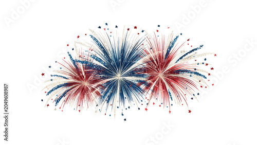 Fireworks display in red white and blue colors erupts in a festive celebration against a pure white background.
