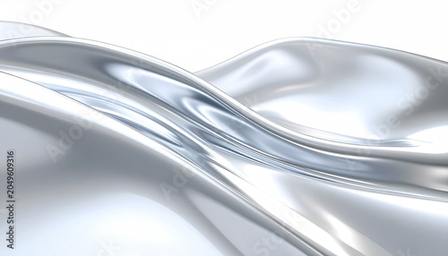 Shiny flowing silver metallic folds reflecting light on white