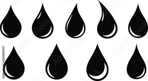 Fotografía Black water drop icons, oil droplet symbols, rain fall elements, liquid splash shapes, moisture signs, ink blob graphics, falling sweat drips, nature aqua blobs, clean silhouettes, fluid collection