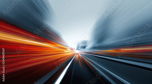 Blurred city street with streaking lights, conveying speed and motion