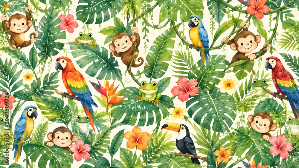 Obraz premium Seamless pattern with cute jungle animals, monkeys, parrots, toucan and frogs in tropical leaves and flowers