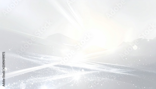 Ethereal white landscape with bright glowing light and sparkling trails