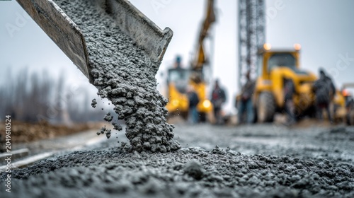 Fresh wet concrete being poured from a chute at a construction site